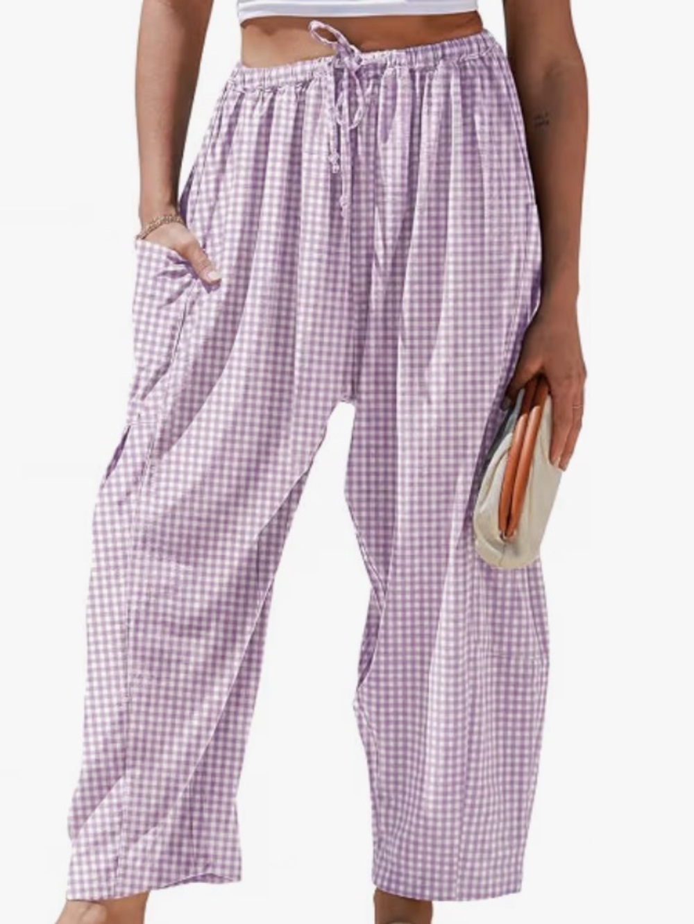 Tarse Wide-Leg Lavender Gingham Pants with Drawstring Waist